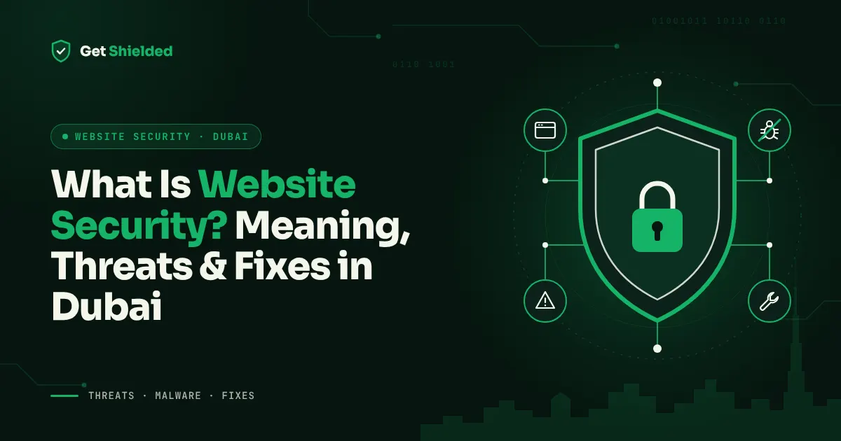 Website security shield protecting a Dubai business website from malware and hackers